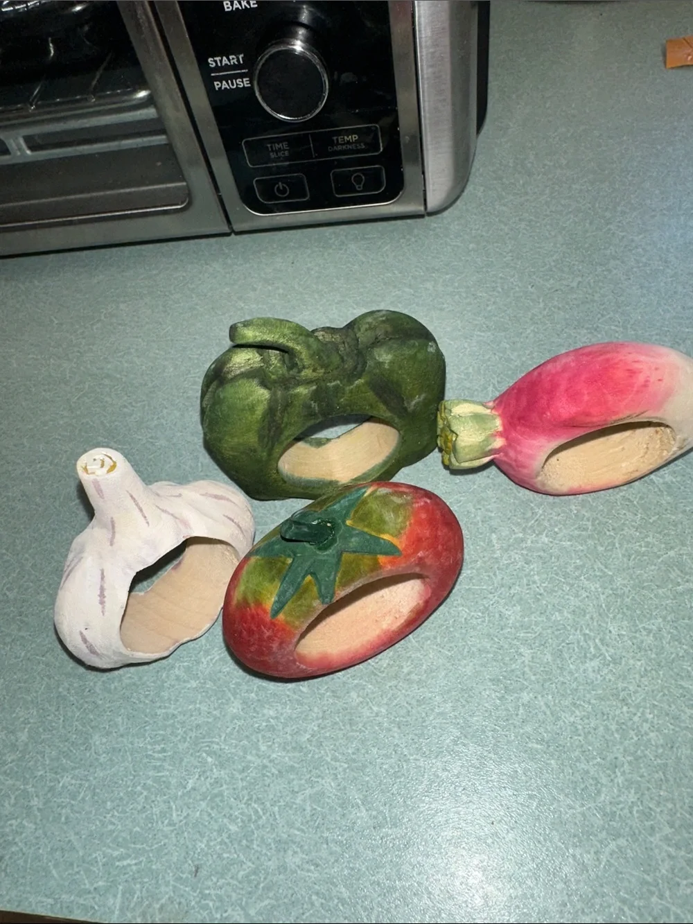 Hand-Painted Napkin Ring Set  - Carved into Assorted Vegetables